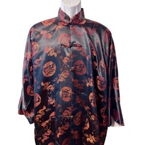Golden Dragon Mens XL Tang Suit Set Black Orange Brocade Dragon Print 2 piece 46
